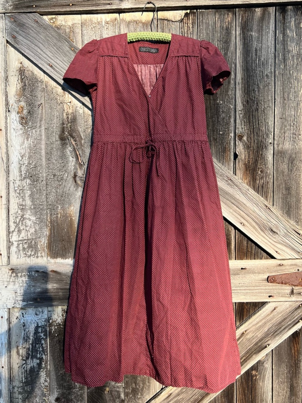 Christy Dawn Burgundy Polka Dot Tie-Waist Dawn Midi Dress